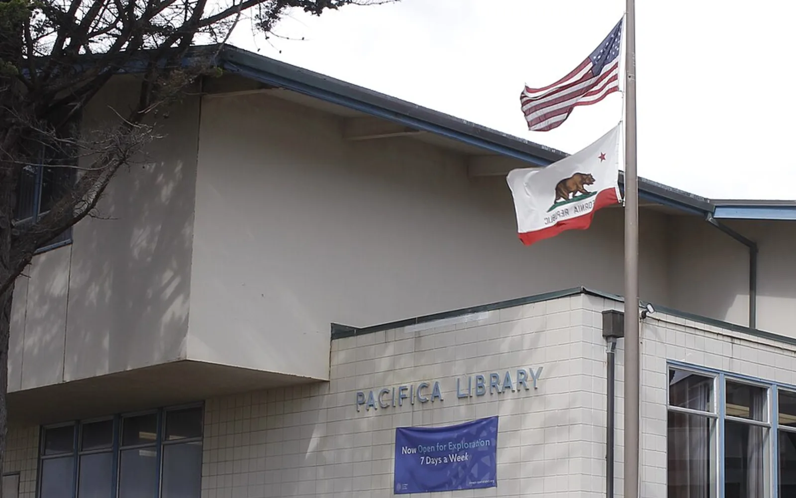Sharp Park Library facade detail in Pacifica, photographed in April 2024